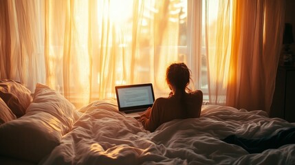 A person working on a laptop in bed while sunlight streams through sheer curtains during a peaceful morning