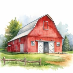 Fototapeta premium Watercolor Illustration of Red Barn in Countryside with Greenery