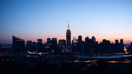 Obraz premium Glowing outline of a city skyline at dusk, capturing the transition from day to night, city glowtime, urban and dynamic.