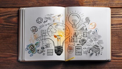 Open sketchbook with creative doodles on a wooden background, concept of brainstorming and ideas