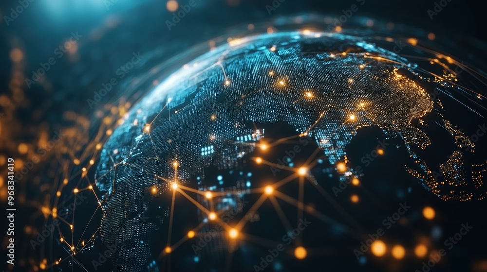 Poster futuristic holographic globe with interconnected network lines - global technology visualization con