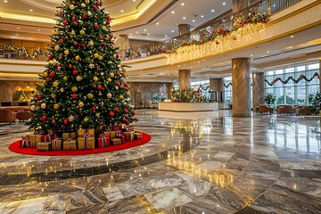 Holiday decorations in a hotel lobby with a Christmas tree and marble floors.