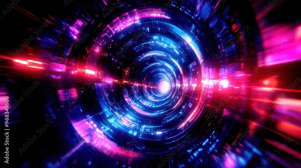 Poster a vibrant abstract tunnel of light, showcasing dynamic colors and patterns in a futuristic design, p