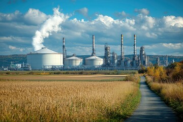 Obraz premium Industrial Refinery Complex with Smoke and Field Path