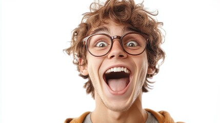 Medium shot of an exhilarated young adult, their face alight with excitement and anticipation, isolated on a white background