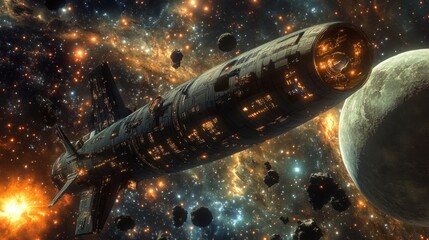A massive space freighter traveling through the stars, with planets and moons visible in the background.