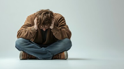 Full body shot of a dejected individual, their slumped posture and downcast eyes conveying deep sorrow, isolated on a white background