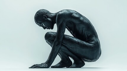 Full body shot of a grieving individual, their posture slumped and face etched with sorrow, isolated on a white background