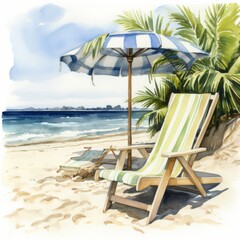 Obraz premium Serene Beach Vacation Illustration with Empty Deck Chair and Beach Umbrella by the Ocean