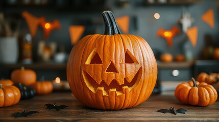 Fototapeta premium home kitchen decorated for halloween, pumpkins, flags, bats, jack-o-lantern, handmade fall decor, interior design, october 31, holiday, celebration, decorative ornaments, table, room, house, autumn
