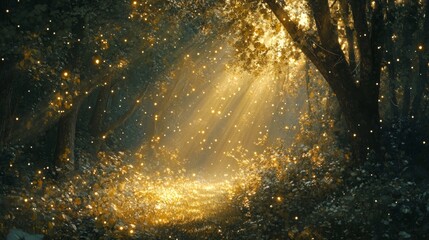 Sunbeams and Fireflies Illuminating a Forest Path