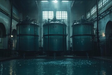 Three Industrial Tanks in a Dimly Lit Room