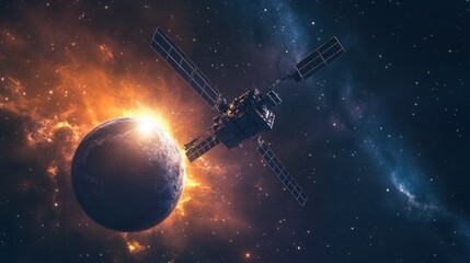Naklejka premium A satellite orbiting a distant planet, collecting data while stars and space surround it.