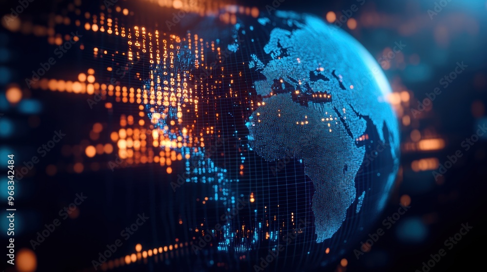 Poster a vibrant digital globe showcasing interconnected data streams and geographic details, symbolizing g