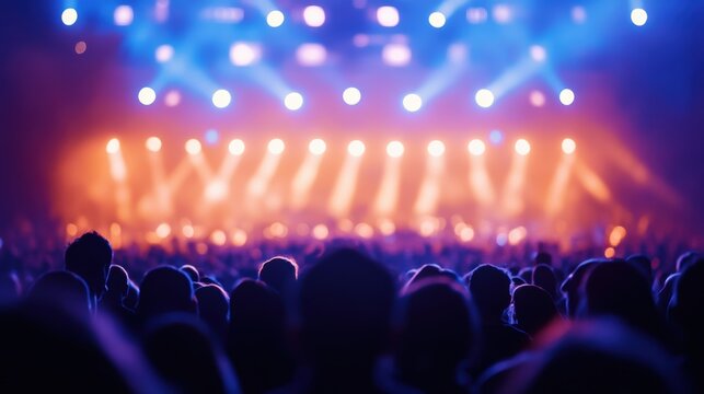 A vibrant concert scene with colorful stage lights illuminating a lively audience. Perfect for music and entertainment themes.