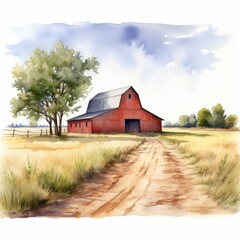 Obraz premium Watercolor Illustration of a Scenic Red Barn in a Serene Countryside Landscape with Blue Sky
