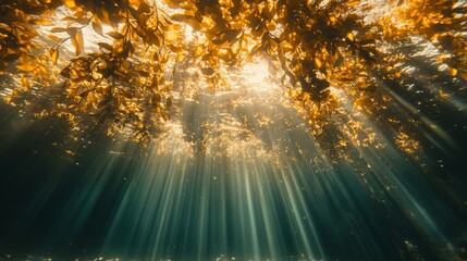 Naklejka premium Underwater Sunlight Through Golden Kelp Forest
