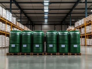 A factory warehouse storing products in biodegradable containers, reducing long-term waste in the supply chain, biodegradable container warehouse, sustainable storage