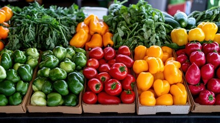 A vibrant display of fresh vegetables including peppers, greens, and more, perfect for healthy eating and culinary inspiration.