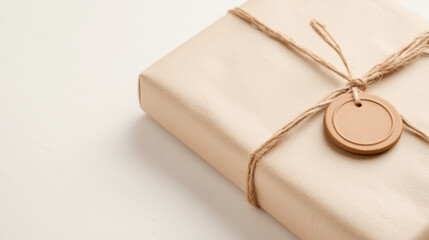 A beautifully wrapped gift in neutral paper, adorned with twine and a circular tag, perfect for various occasions.