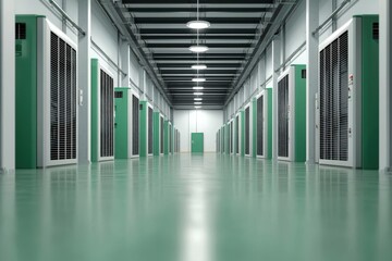 Fototapeta premium A green warehouse with energy-efficient cooling and heating systems, ensuring sustainable product storage, energy-efficient HVAC warehouse, eco-friendly climate control