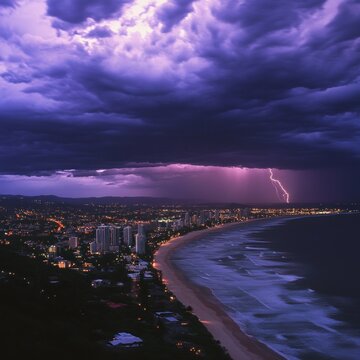 Lightning Storm Over Coastal City
