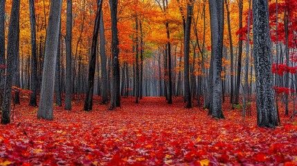 Autumn forest path with vibrant red and orange leaves.