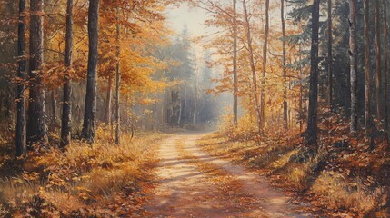 Fototapeta premium Golden autumn leaves on the forest floor with a misty sunrise in the background.