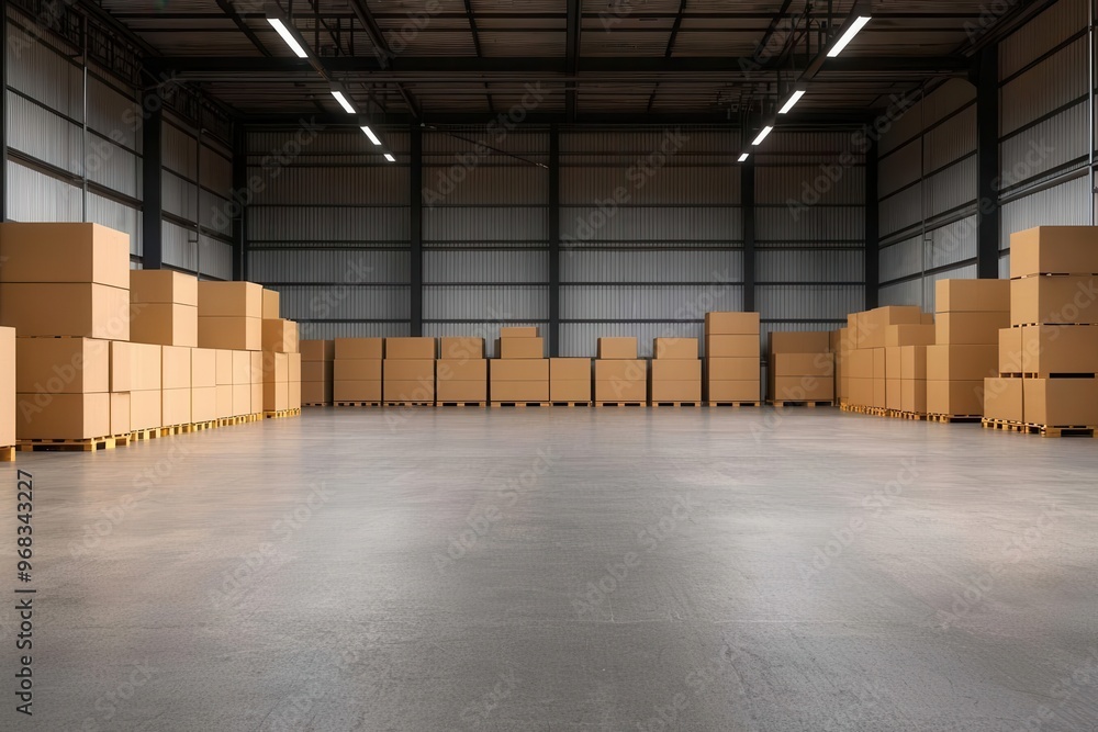 Poster an eco-friendly factory warehouse using motion-sensor led lighting to minimize electricity usage whe