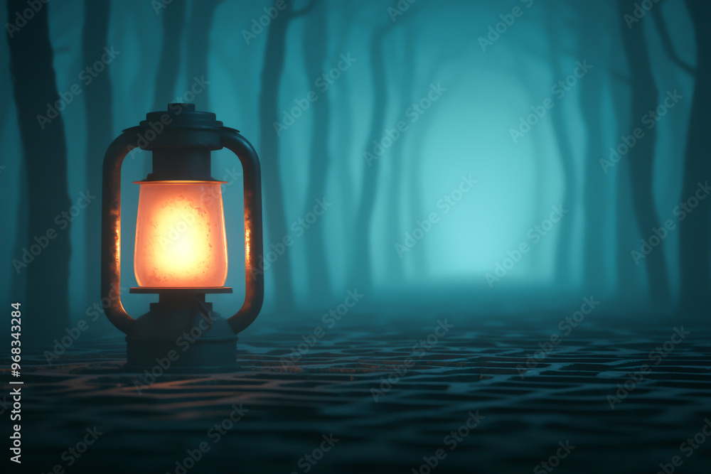 Poster a glowing lantern illuminates a misty forest path, creating a mysterious and enchanting atmosphere.