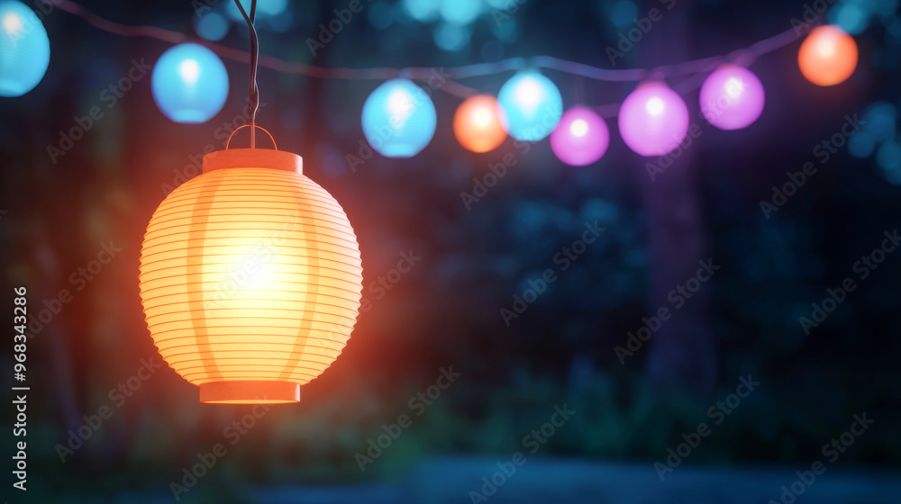 Poster a glowing paper lantern illuminates a serene outdoor setting, surrounded by colorful string lights c