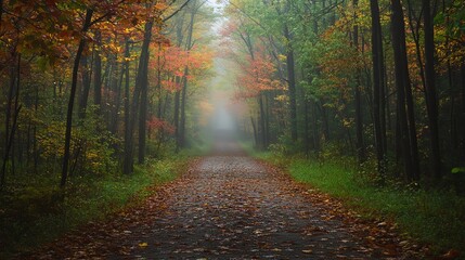 Obraz premium An autumn forest trail leading into the distance, lined with trees in full fall color, leaves softly falling and a hint of mist in the air