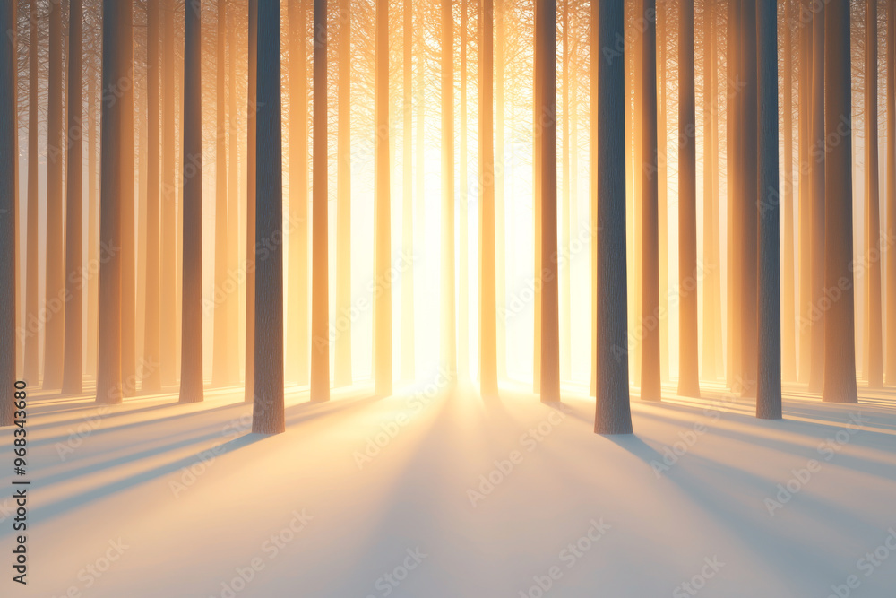 Poster a serene forest scene with soft sunlight filtering through tall trees, creating a peaceful and magic