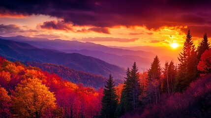 Obraz premium Vibrant autumn foliage in a mountainous landscape at sunset.