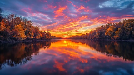 An autumn sunset reflected on a calm river, the vibrant colors of the sky blending with the fiery fall foliage lining the banks