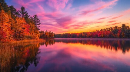 Obraz premium Serene autumn sunset reflected in a still lake.