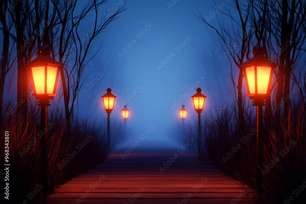 Poster a serene pathway illuminated by glowing lanterns in a mysterious fog, creating an enchanting atmosph