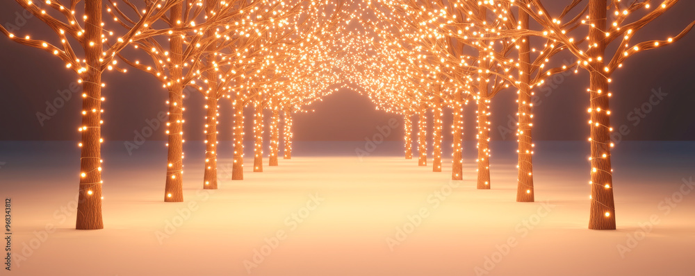 Poster a serene pathway illuminated by glowing trees, creating a magical atmosphere for evening strolls and