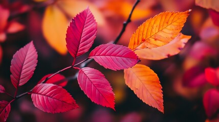 Obraz premium Close-up of vibrant red and orange autumn leaves on a branch.