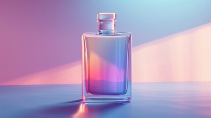 Exquisite glass perfume bottle with a captivating holographic reflection set against a vibrant gradient background  This high end