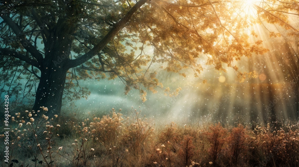 Poster sunrays stream through a large tree in a tranquil forest, creating a magical atmosphere with wildflo