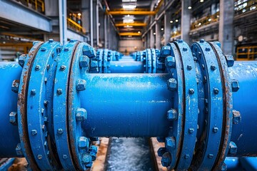 Close-up of Industrial Blue Pipe with Flanges and Bolts