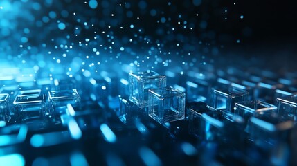 Obraz premium Abstract tech pattern with blue cubes, futuristic look, Double exposure silhouette with geometric shapes