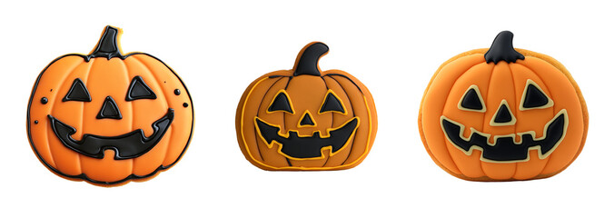 Halloween Treats: Pumpkin Cookie, Jack-O’-Lantern Cookie, and Sugar Cookie for the Spooky Season, Isolated on Transparent Background, PNG