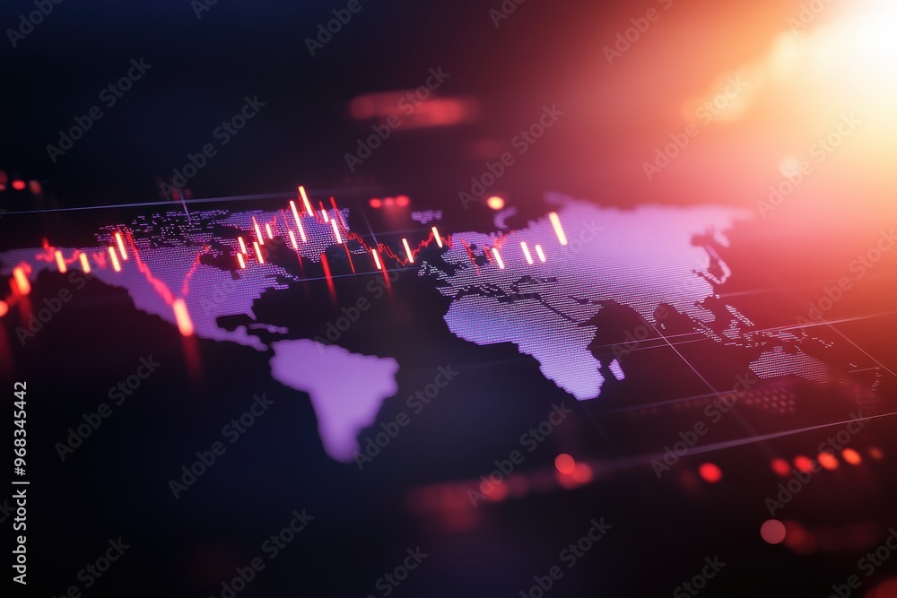 Poster abstract data visualization with world map and financial charts, representing global market trends a