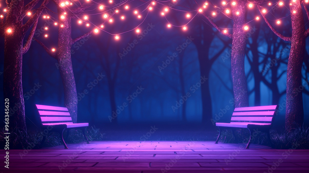 Poster enchanting nighttime scene with illuminated benches beneath glowing string lights in a mystical fore