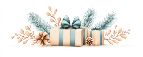 Festive gift boxes adorned with ribbons and greenery, perfect for celebrating special occasions and creating joyful memories.