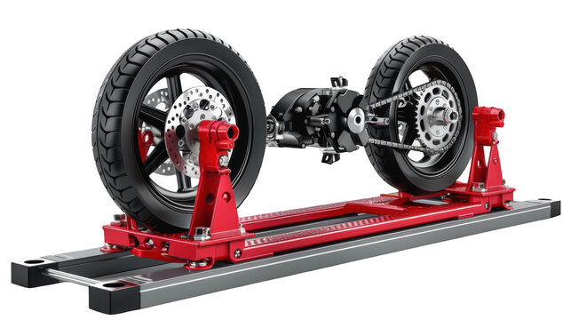 Motorcycle Rear Wheel and Swingarm on Red Stand