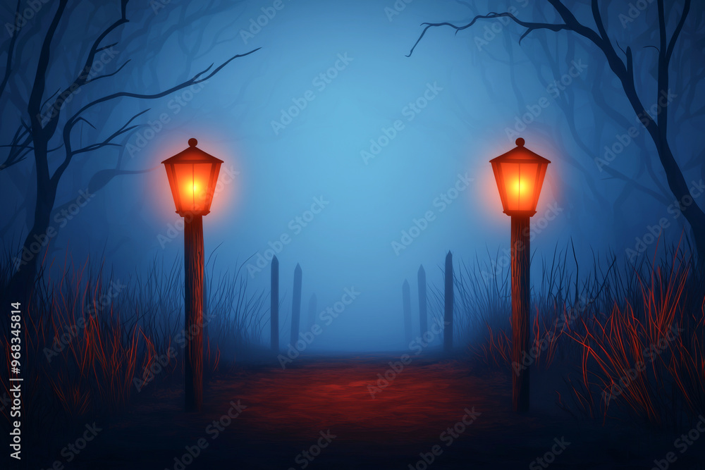 Poster mysterious pathway illuminated by glowing lanterns, surrounded by fog and eerie trees, creating an a