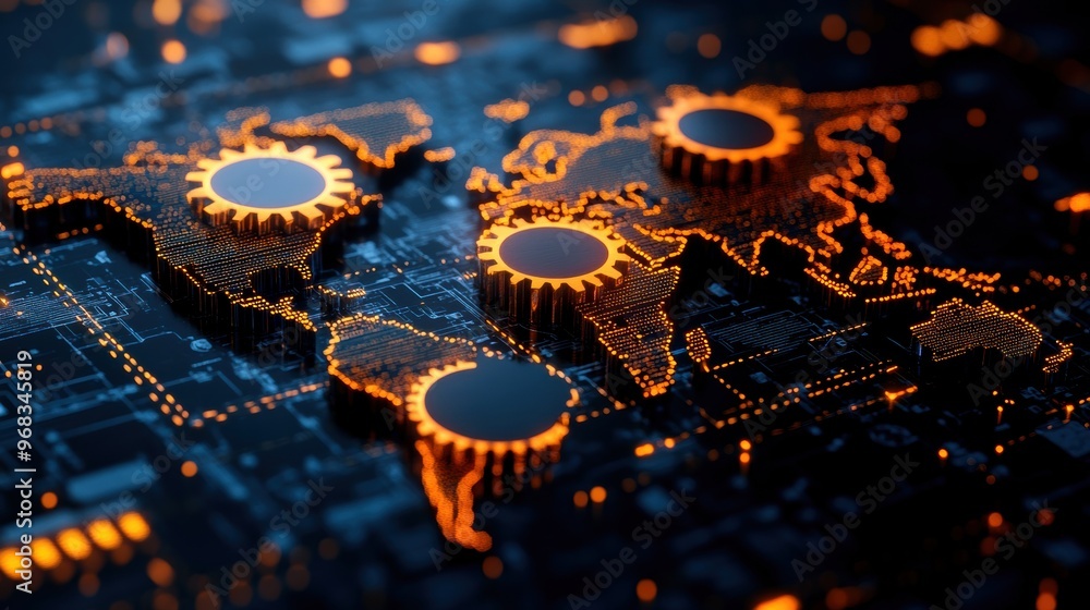 Poster abstract representation of a global network with gears and circuits, symbolizing technology, innovat